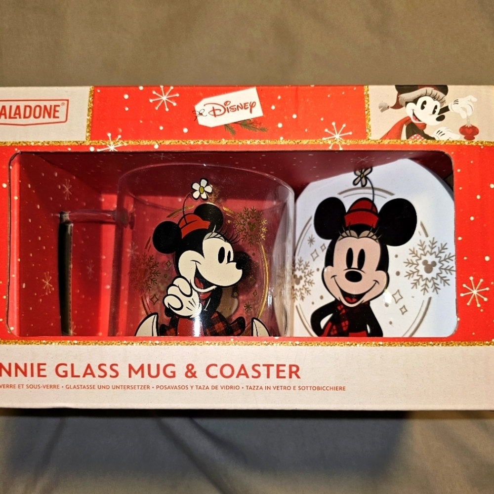Disney Christmas Minnie Mouse Glass Mug and Coaster Set Gift Box Red Plaid